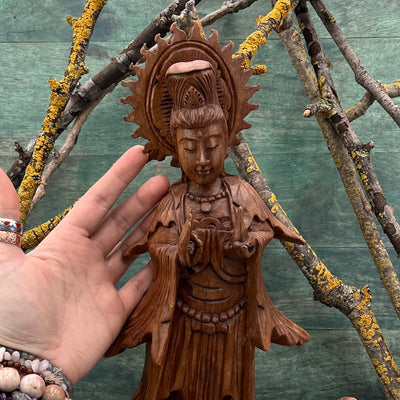 Kuan Yin Monkey Pod Wood Statue - Hand Carved