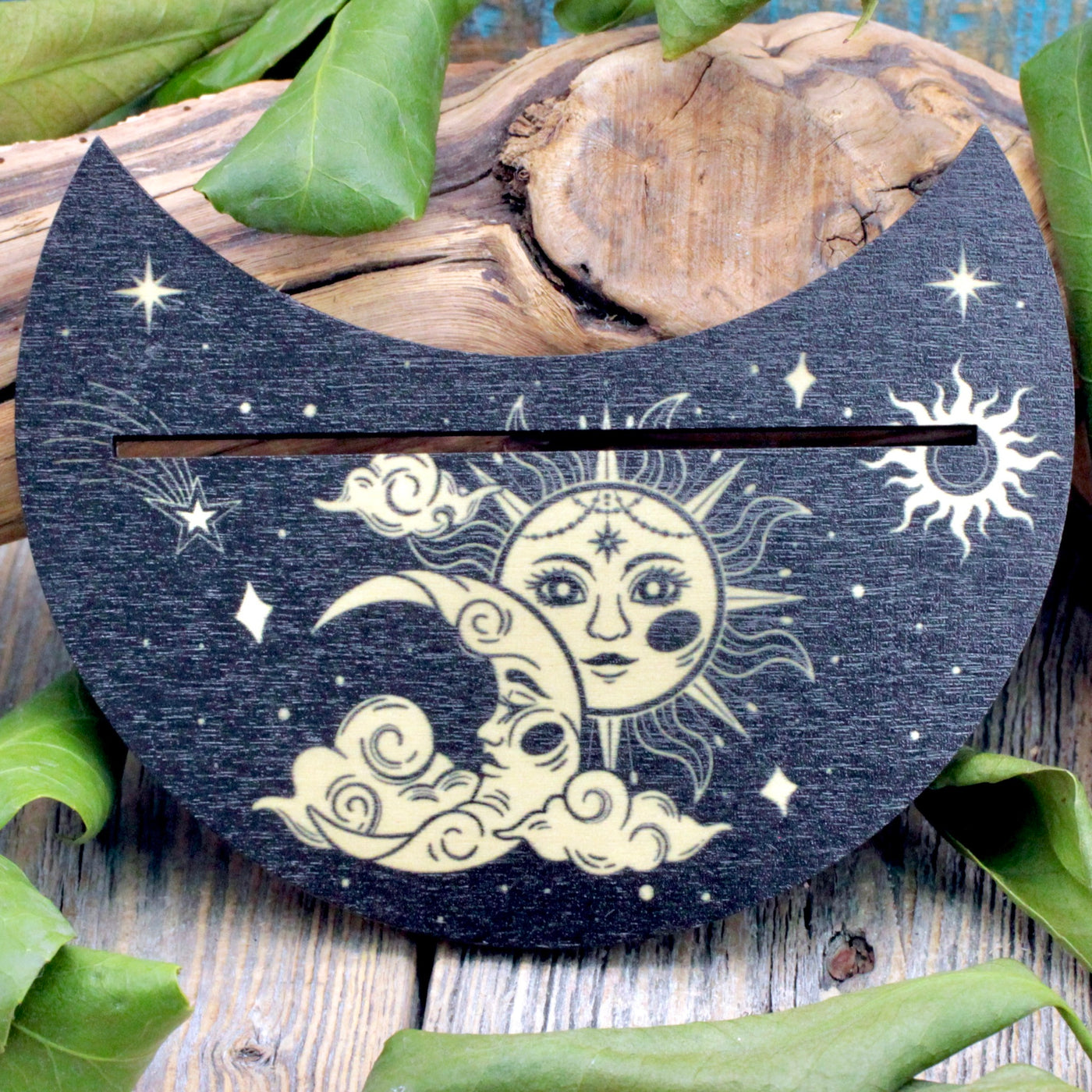 Sun and Moon Crescent Wood Tarot Card Holder