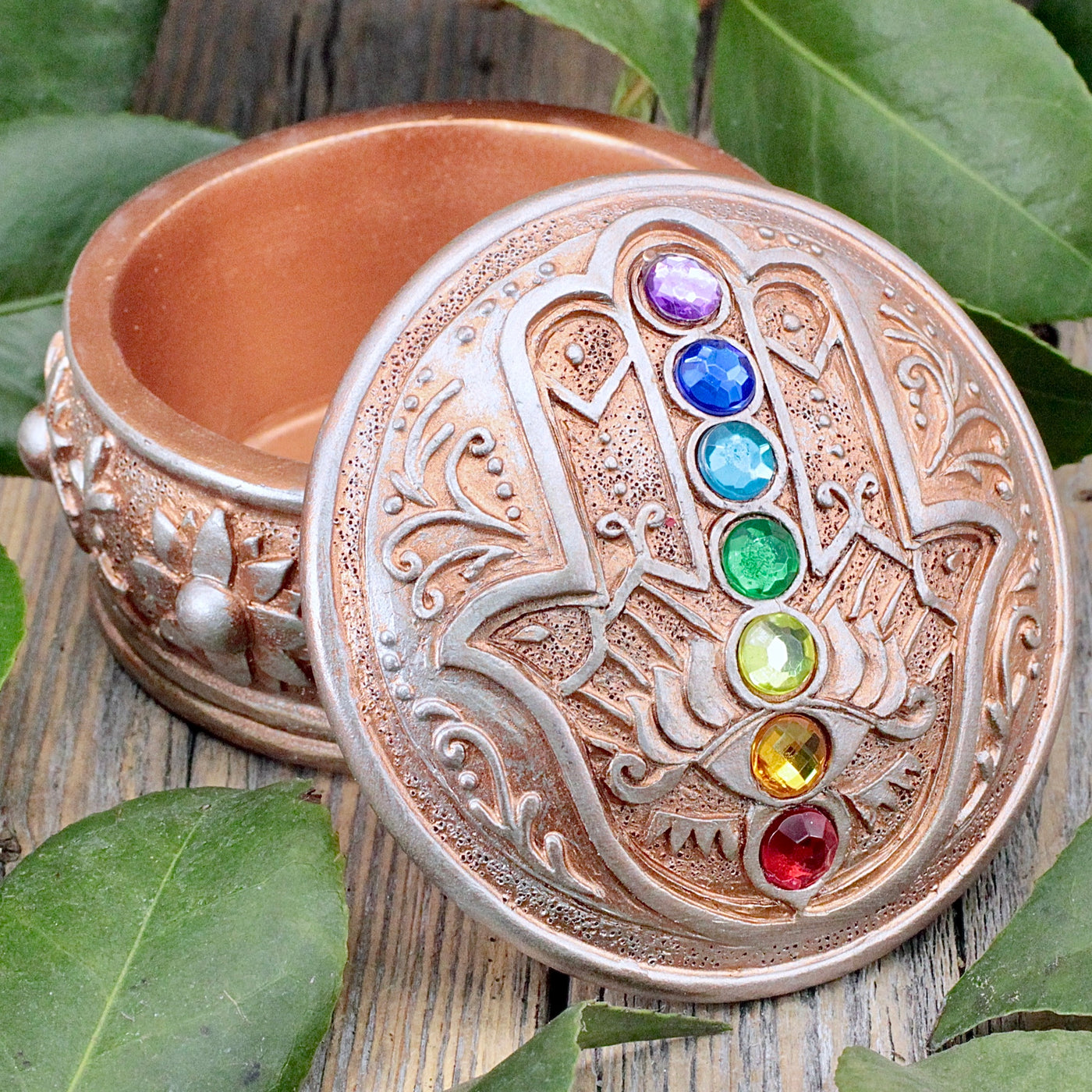 Hamsa Box with Chakra Stones