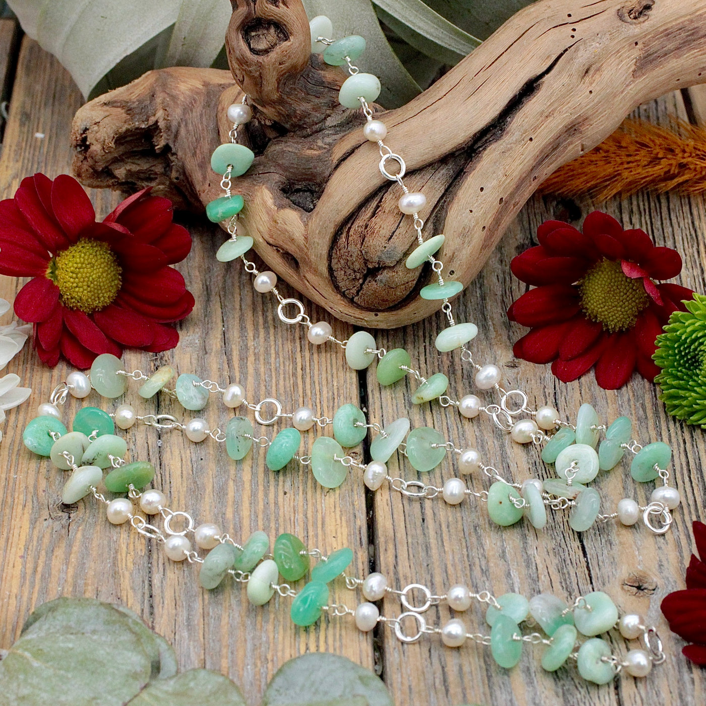 Chrysoprase and Pearl Tumble Chip Necklace