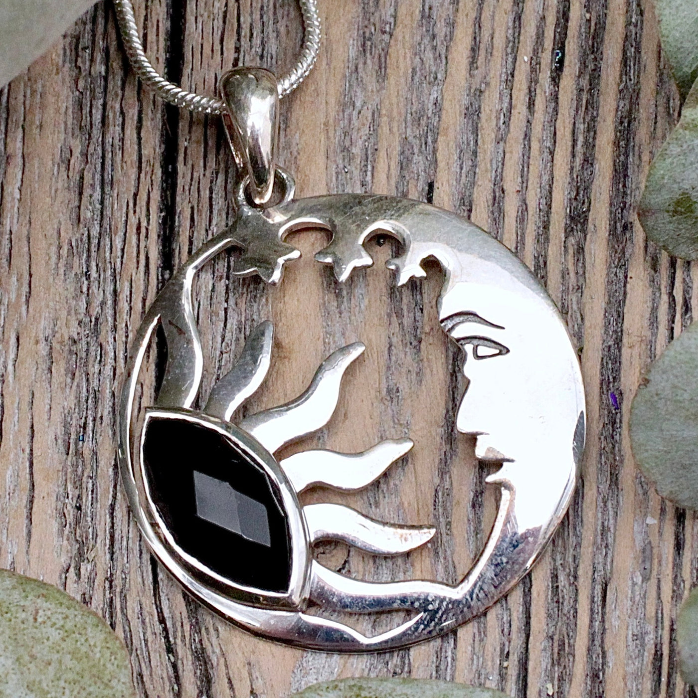 Black Onyx Sun and Moon Pendant - Sterling Silver