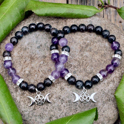 Amethyst and Nuumite Bracelet with Triple Moon Pentacle