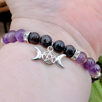 Amethyst and Nuumite Bracelet with Triple Moon Pentacle