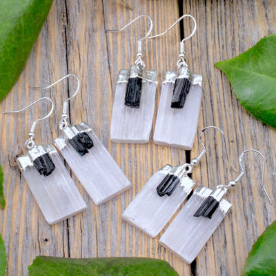 Selenite with Black Tourmaline Earrings in Sterling Silver