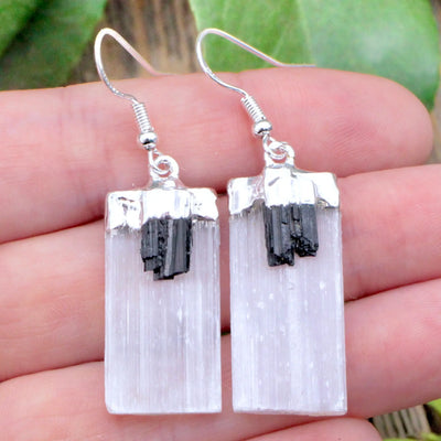 Selenite with Black Tourmaline Earrings in Sterling Silver