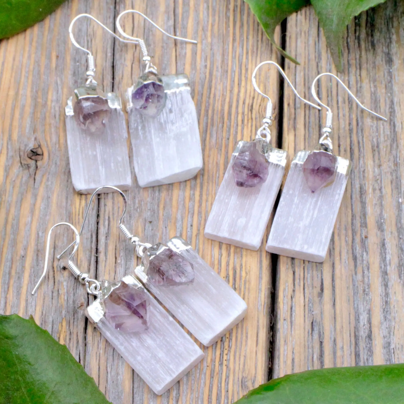 Selenite with Amethyst Earrings in Sterling Silver