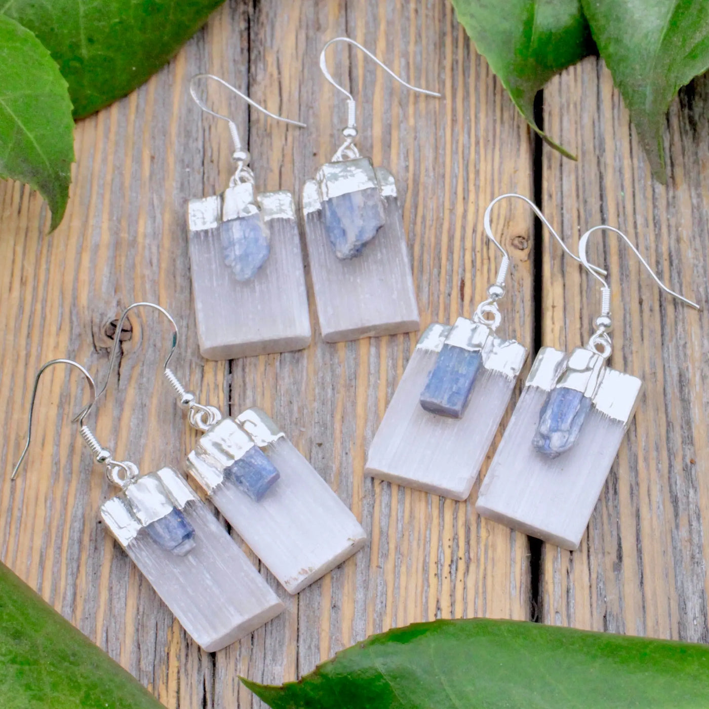 Selenite with Kyanite Earrings in Sterling Silver