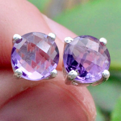 Amethyst Stud Earrings Pronged in Sterling Silver