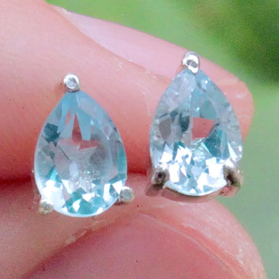 Blue Topaz Stud Earrings Pronged in Sterling Silver