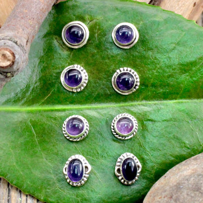 Amethyst Stud Earrings with Silverwork in Sterling Silver