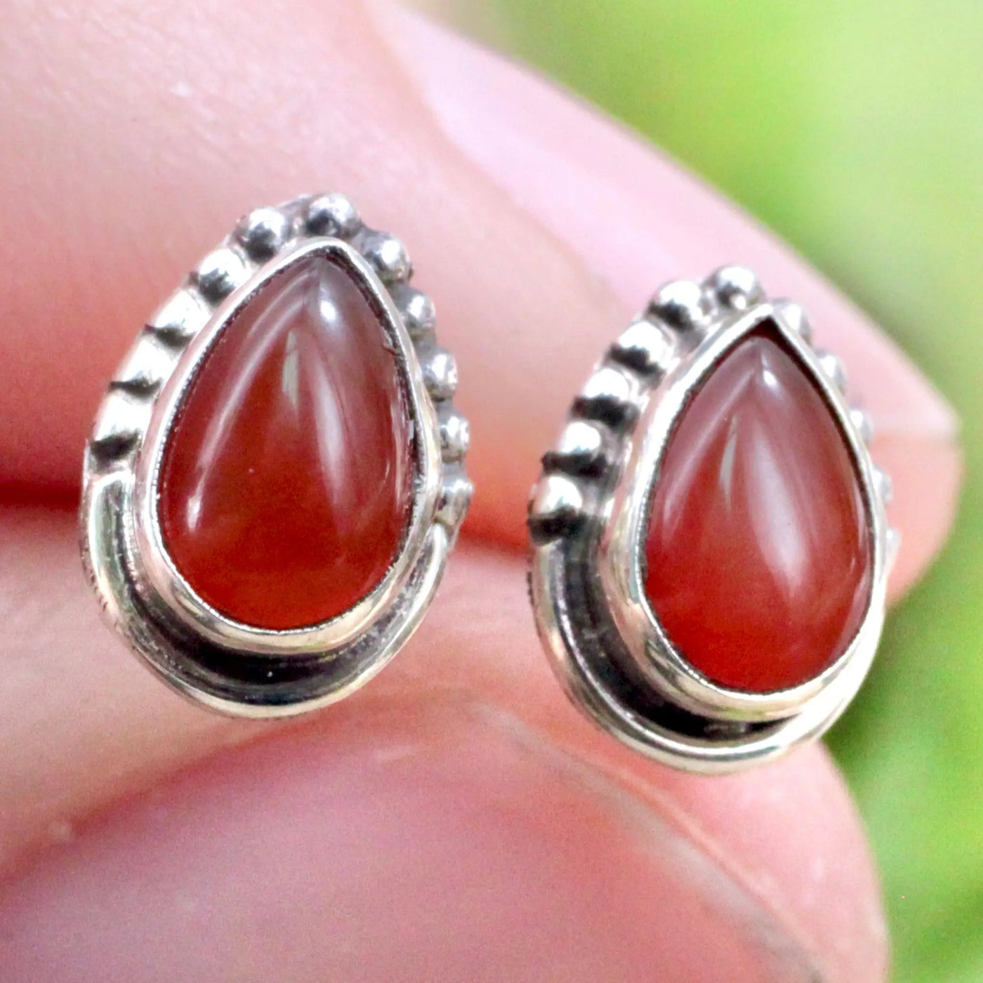 Carnelian Stud Earrings with Silverwork in Sterling Silver