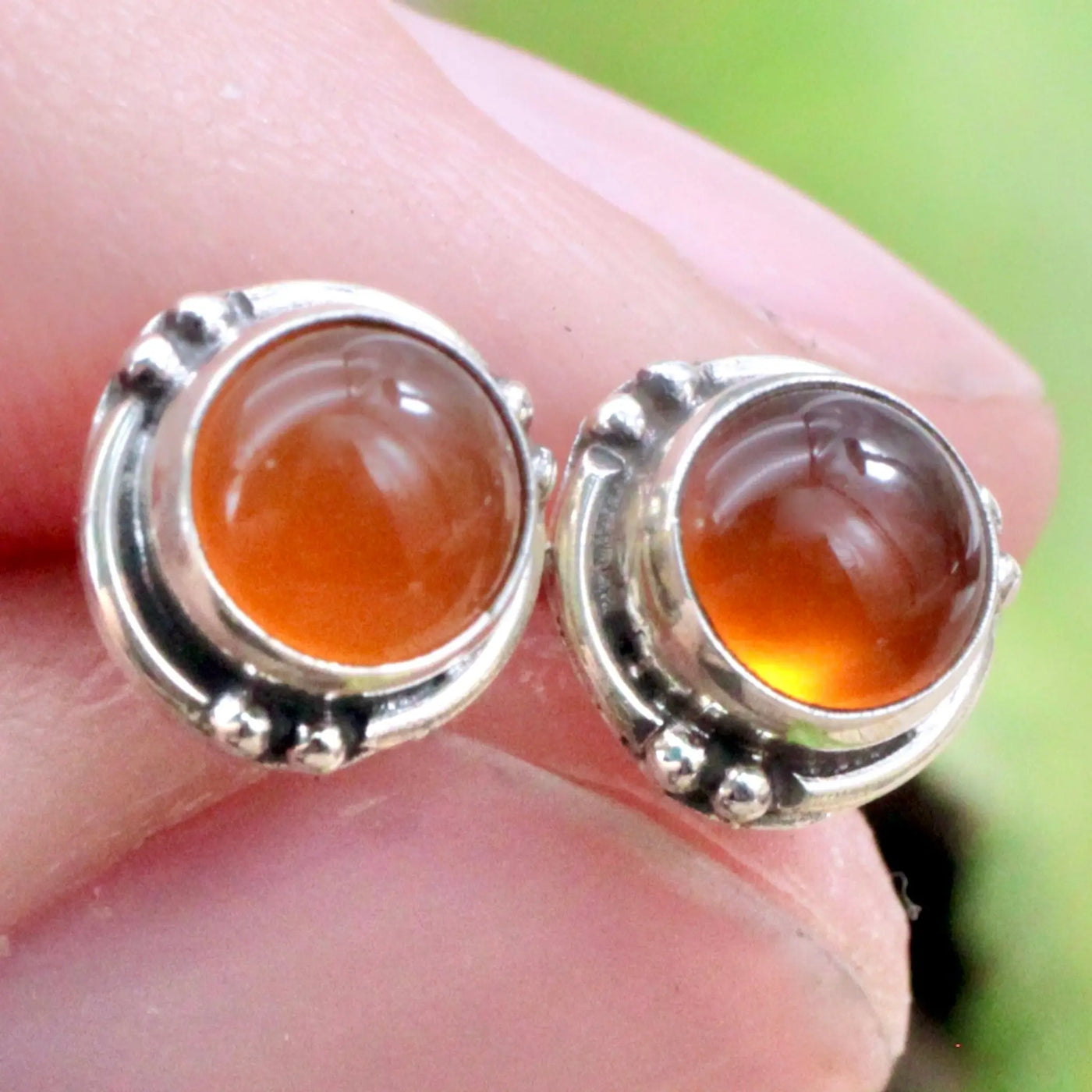 Carnelian Stud Earrings with Silverwork in Sterling Silver