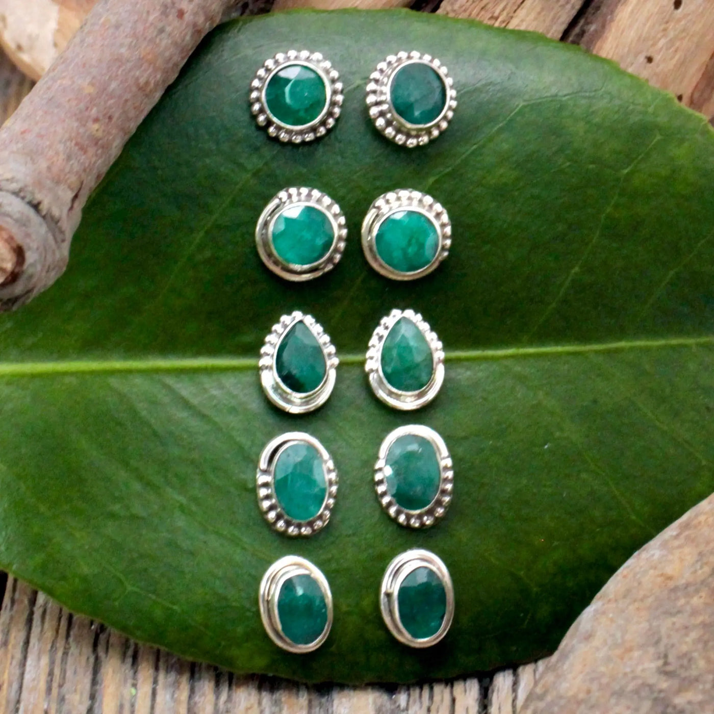 Emerald Stud Earrings with Silverwork in Sterling Silver