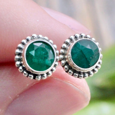 Emerald Stud Earrings with Silverwork in Sterling Silver