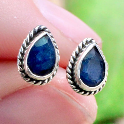 Sapphire Stud Earrings with Silverwork in Sterling Silver