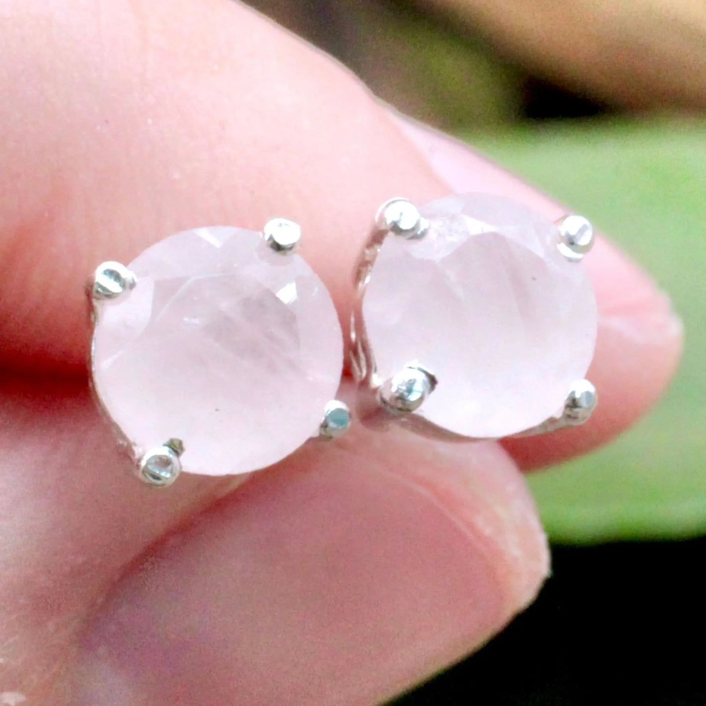 Rose Quartz Stud Earrings - Sterling Silver - Prong Set