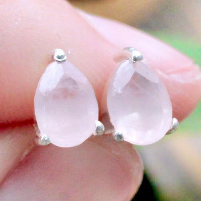 Rose Quartz Stud Earrings - Sterling Silver - Prong Set