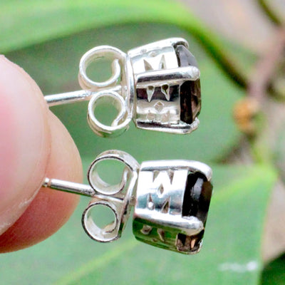 Smoky Quartz Stud Earrings Pronged in Sterling Silver