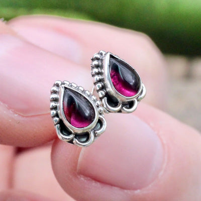 Garnet Stud Earrings with Silverwork in Sterling Silver