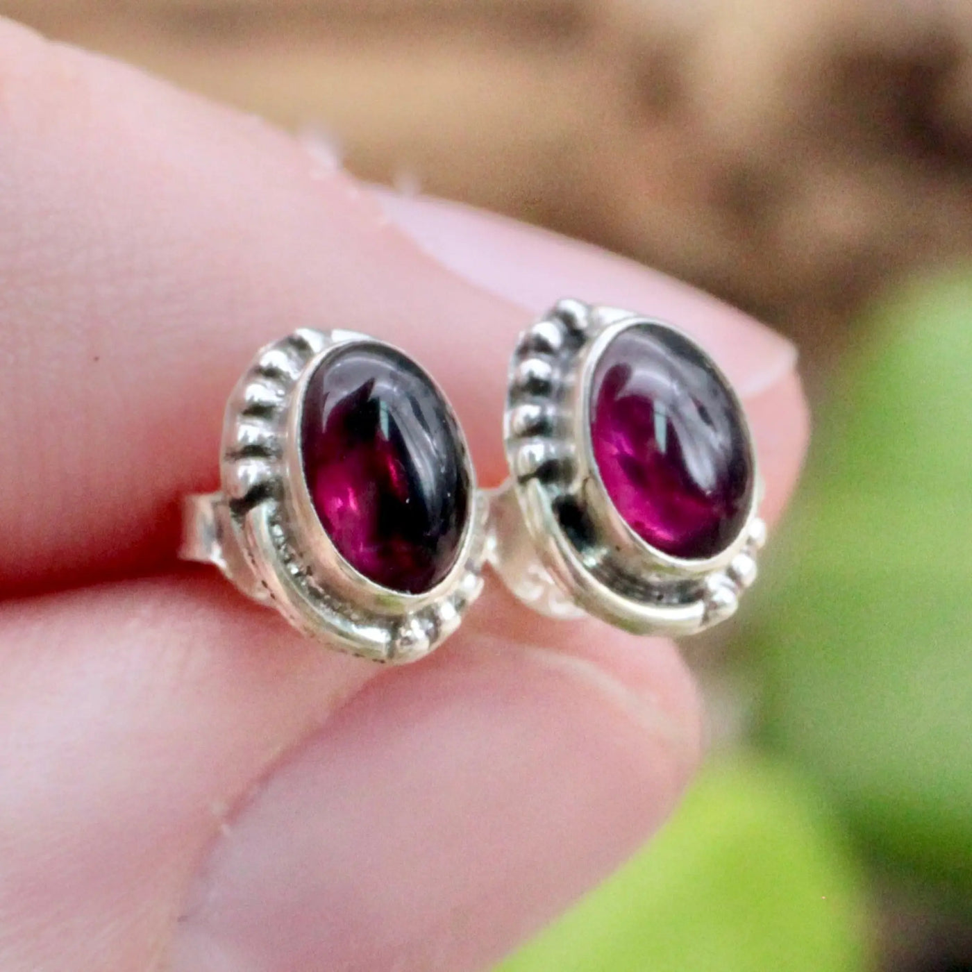 Garnet Stud Earrings with Silverwork in Sterling Silver