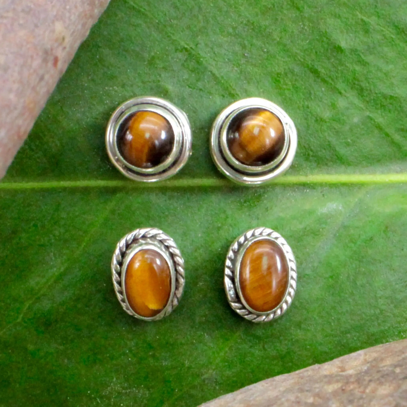 Tiger's Eye Stud Earrings with Silverwork in Sterling Silver