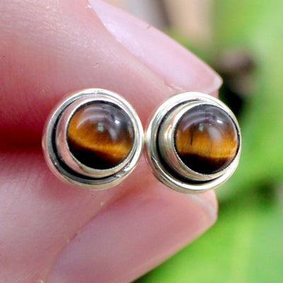 Tiger's Eye Stud Earrings with Silverwork in Sterling Silver