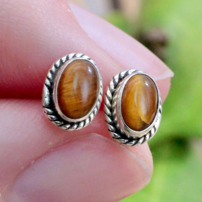 Tiger's Eye Stud Earrings with Silverwork in Sterling Silver