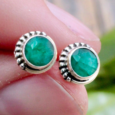 Emerald Stud Earrings with Silverwork in Sterling Silver