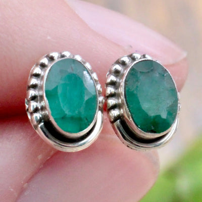 Emerald Stud Earrings with Silverwork in Sterling Silver