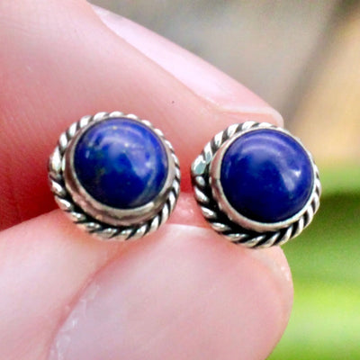 Lapis Lazuli Stud Earrings with Silverwork in Sterling Silver