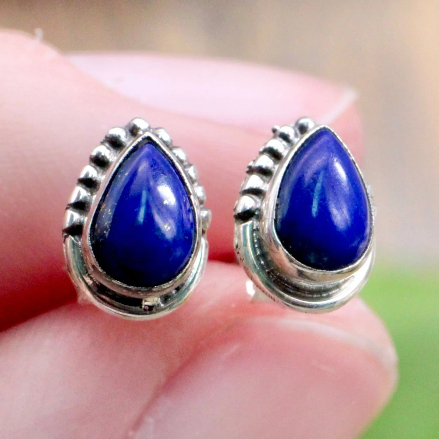 Lapis Lazuli Stud Earrings with Silverwork in Sterling Silver