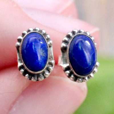 Lapis Lazuli Stud Earrings with Silverwork in Sterling Silver