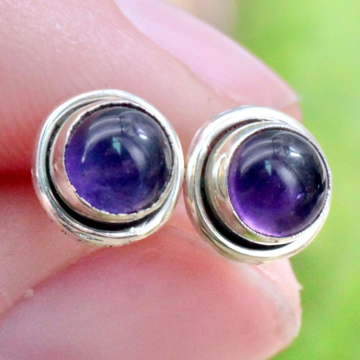 Amethyst Stud Earrings with Silverwork in Sterling Silver