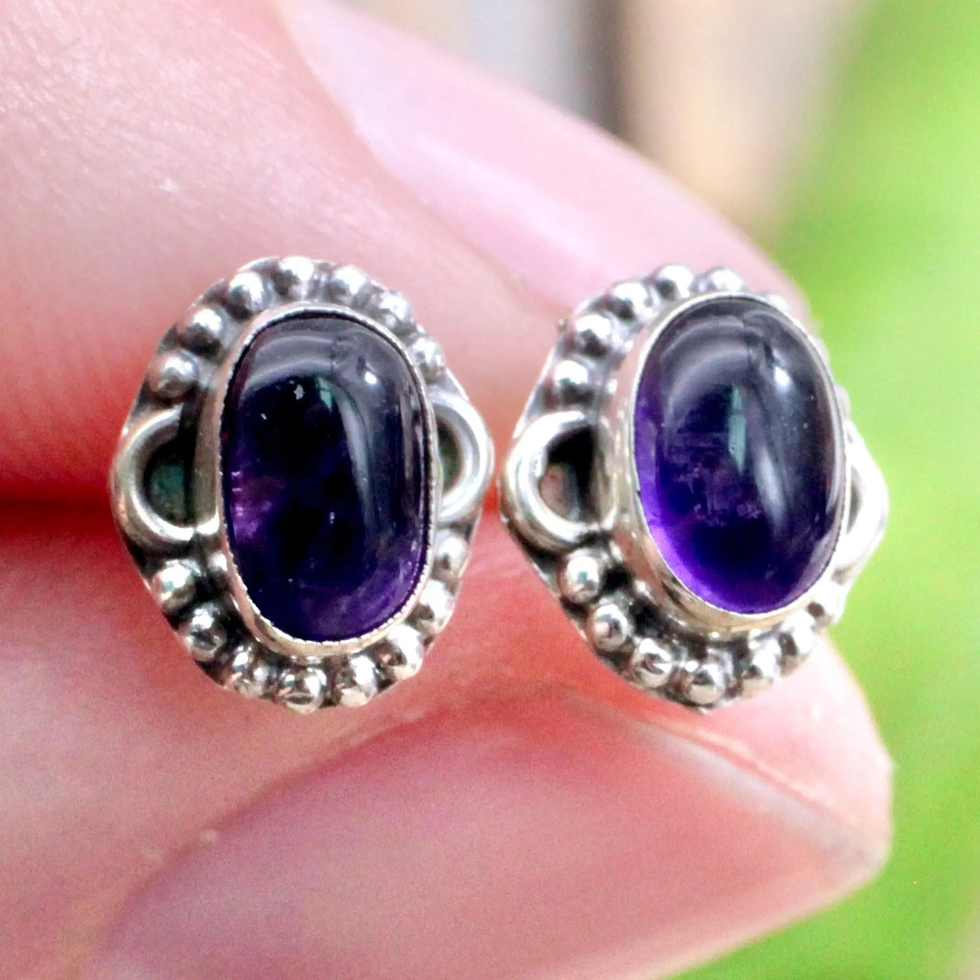 Amethyst Stud Earrings with Silverwork in Sterling Silver