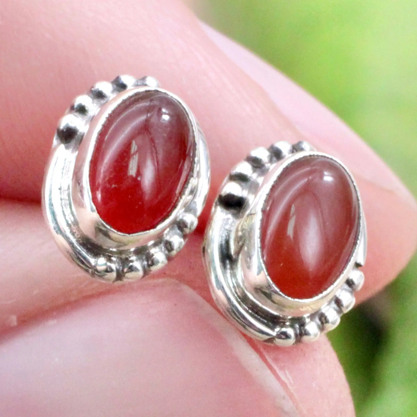 Carnelian Stud Earrings with Silverwork in Sterling Silver