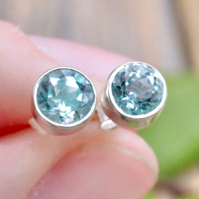 Blue Topaz Round Stud Earrings in Sterling Silver