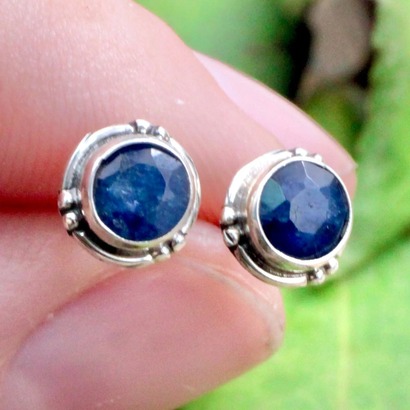 Sapphire Stud Earrings with Silverwork in Sterling Silver