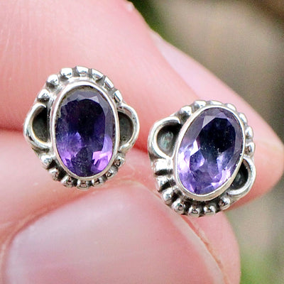 Amethyst Oval Stud Earrings - Faceted - Sterling Silver