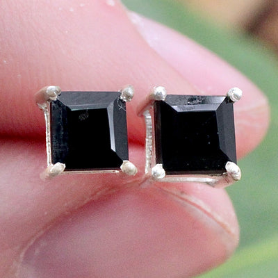 Onyx Princess Stud Earrings - Faceted - Sterling Silver