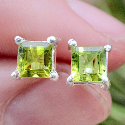 Peridot Princess Stud Earrings - Faceted - Sterling Silver