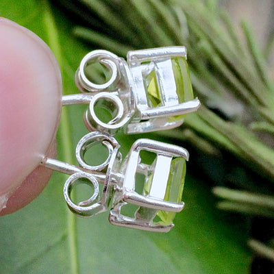 Peridot Princess Stud Earrings - Faceted - Sterling Silver