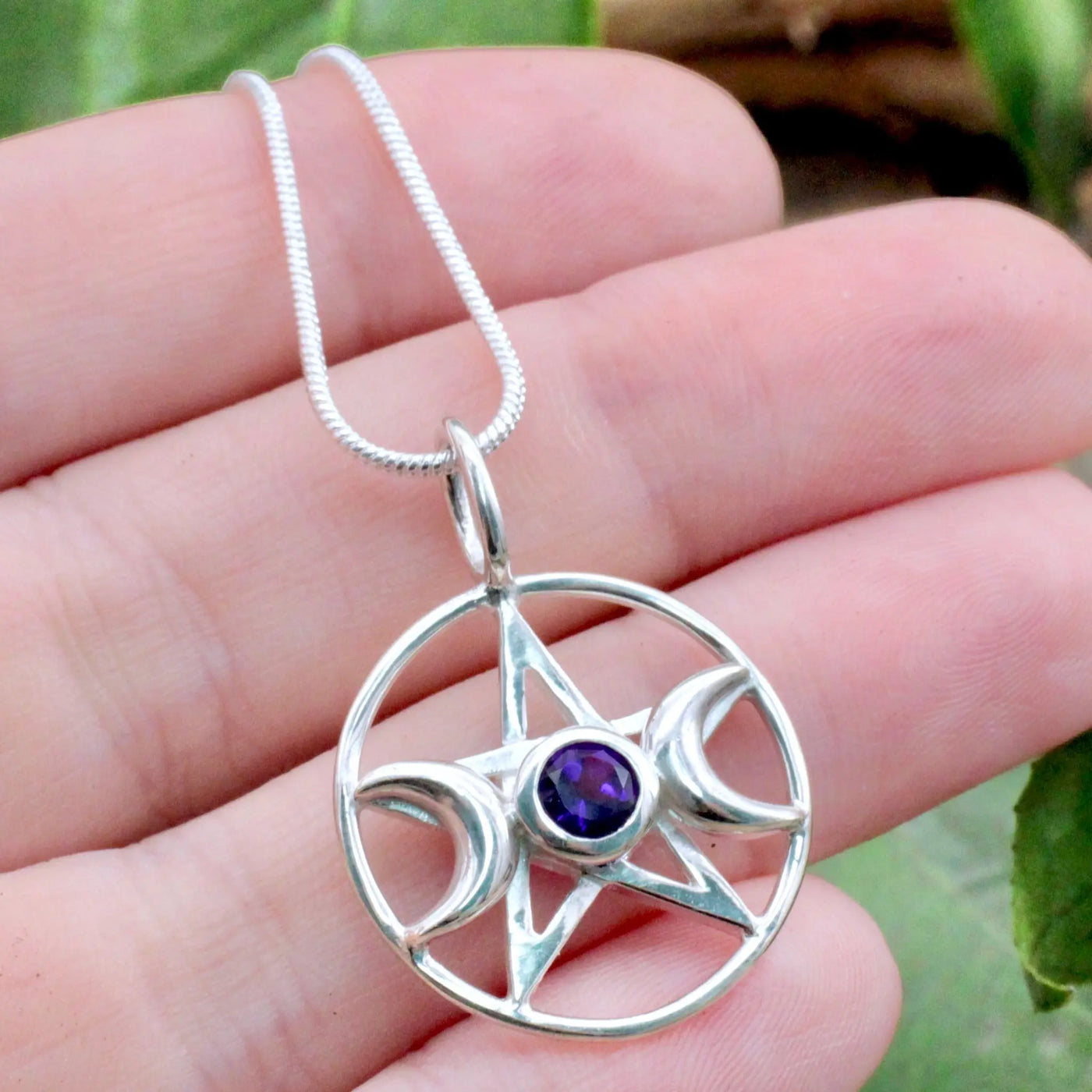 Faceted Amethyst Triple Moon on Star Pendant - Sterling Silver