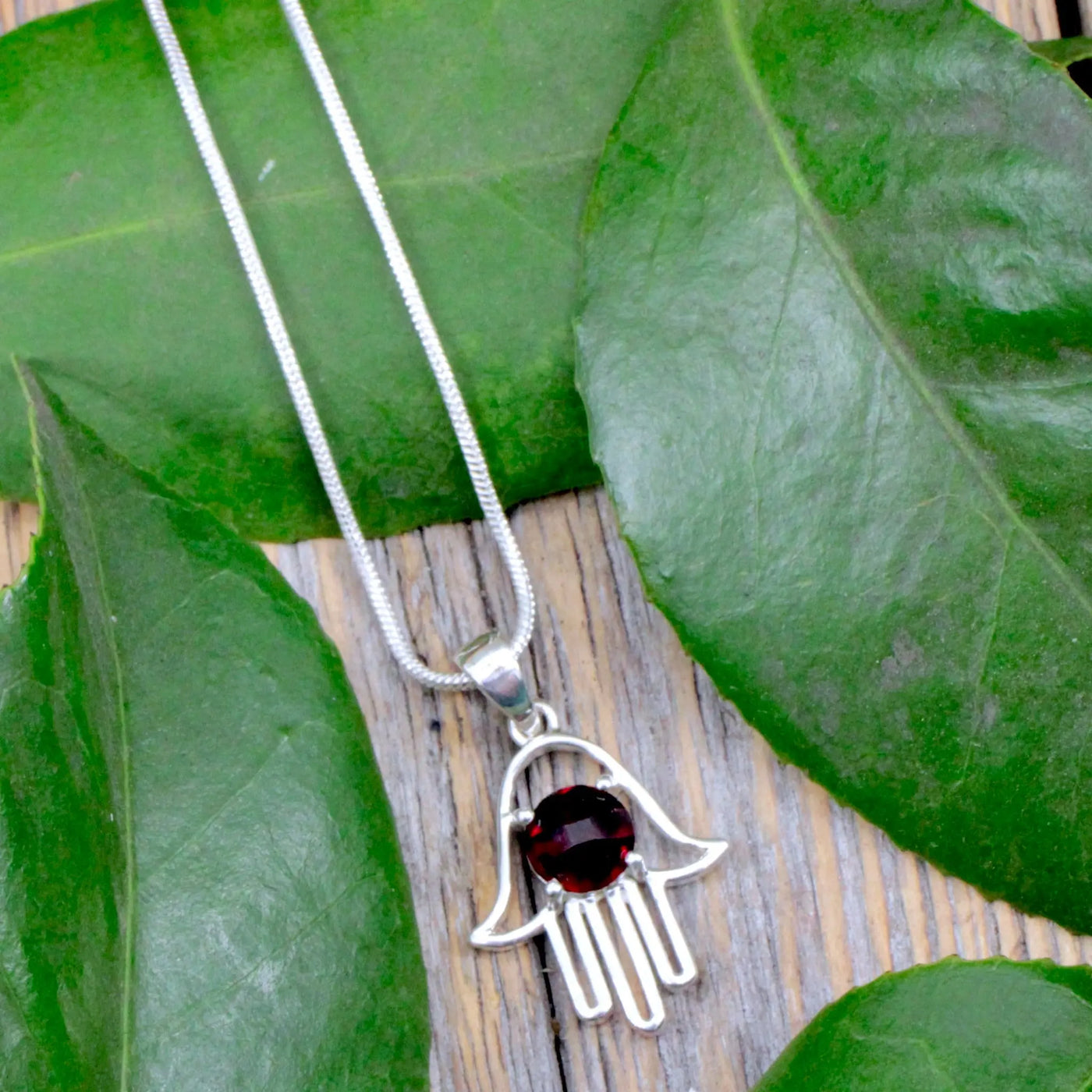 Garnet Hamsa Pendant - Sterling Silver