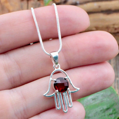 Garnet Hamsa Pendant - Sterling Silver