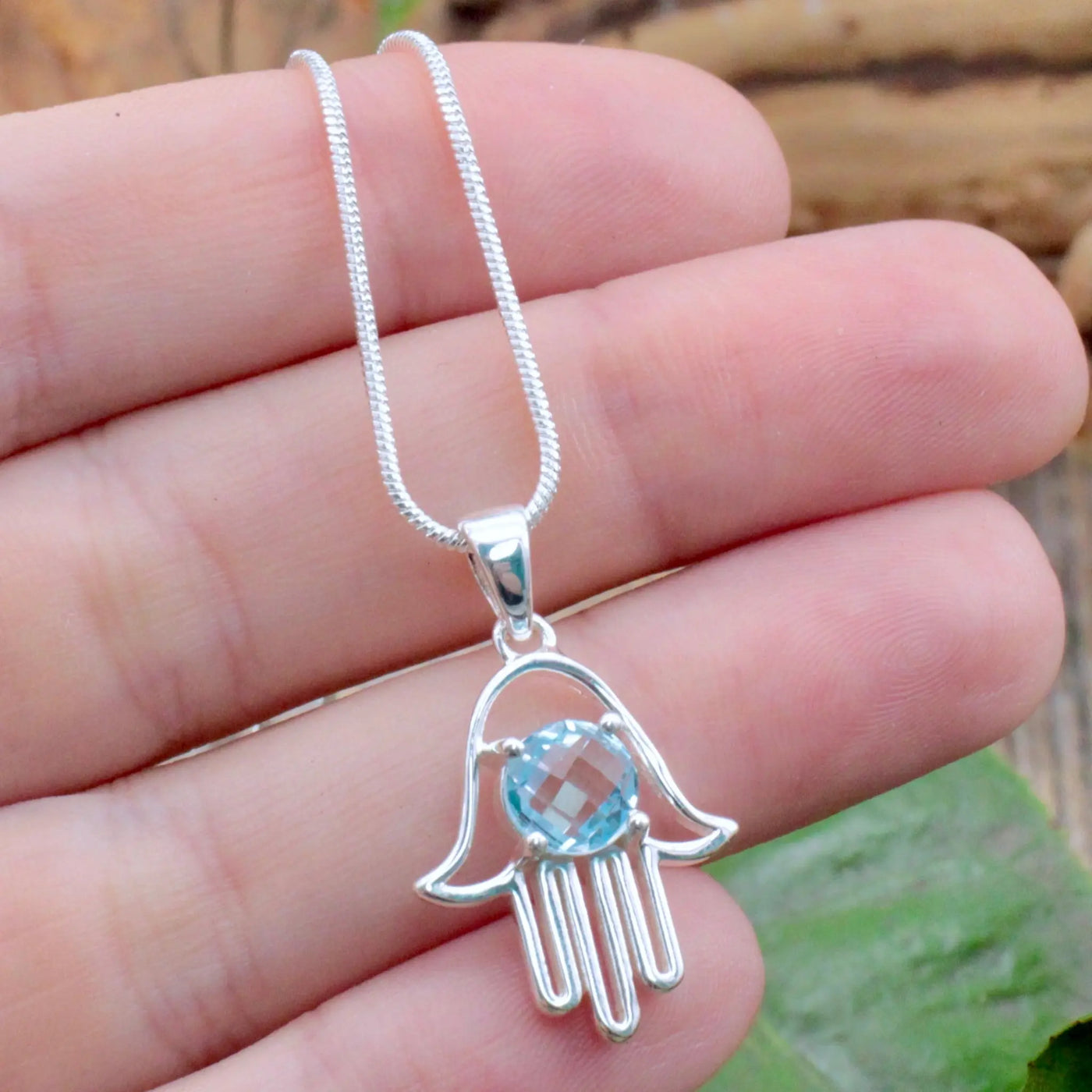 Blue Topaz Hamsa Pendant - Sterling Silver