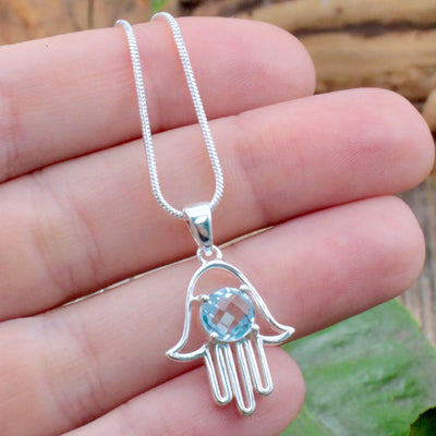 Blue Topaz Hamsa Pendant - Sterling Silver