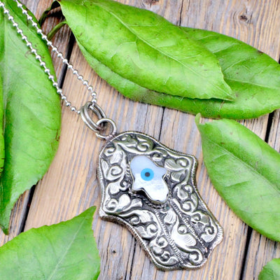 Mother of Pearl Hamsa with Evil Eye Pendant - Large