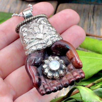 Red Tiger's Eye Hands Pendant with Moonstone