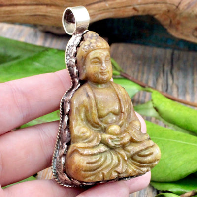 Serpentine Buddha Pendant - Tibetan Silver