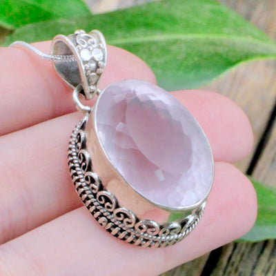 Rose Quartz Faceted Oval Pendant - Sterling Silver